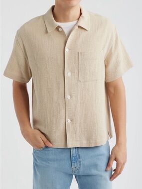 Frame Denim Men's Short Sleeve Textured Button-Down Shirt in Light Beige